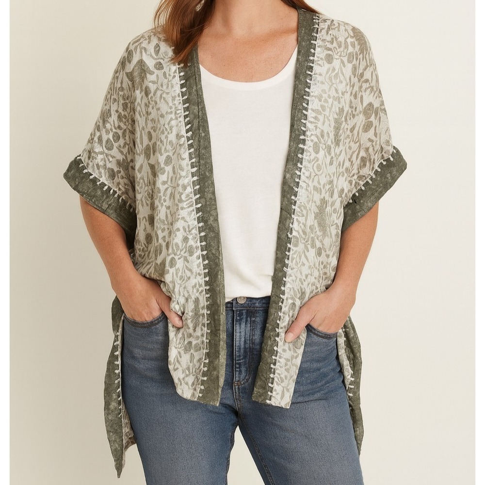 Pure Jill Womens Green Cotton Floral Open Front Kimono Wrap S/M Embroidered Boho